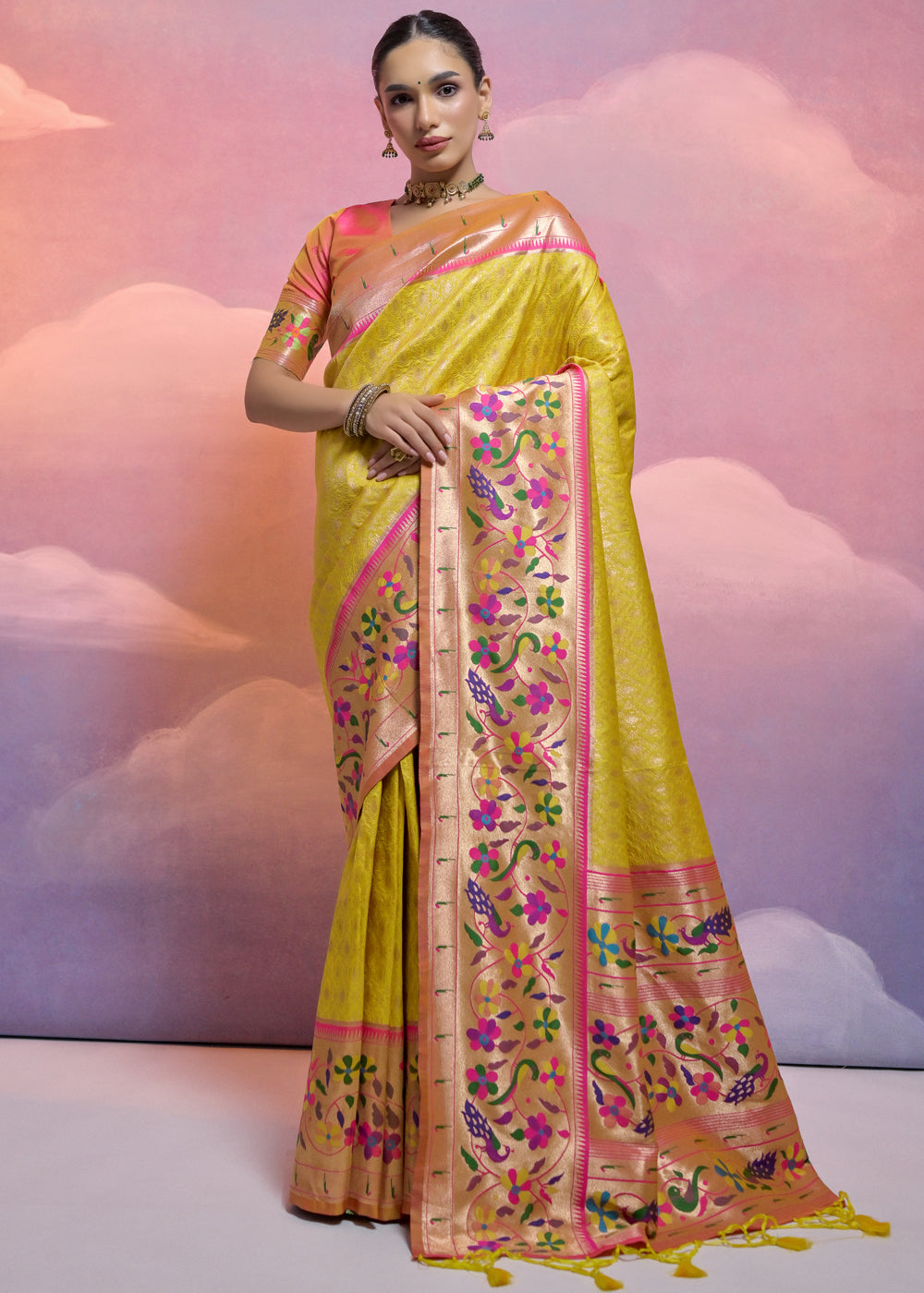 Sunray Yellow Woven Paithani Silk Saree with Meenakari Zari Woven Border - qivii