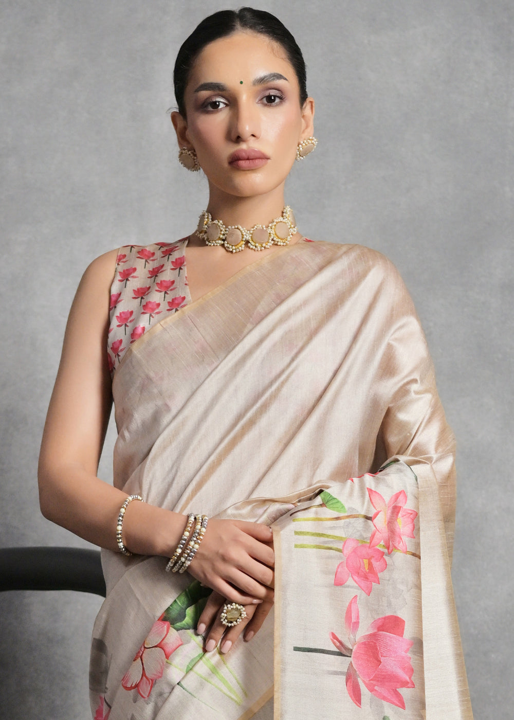 Cream White Floral Printed Soft Tussar Silk Saree : Top Pick - qivii