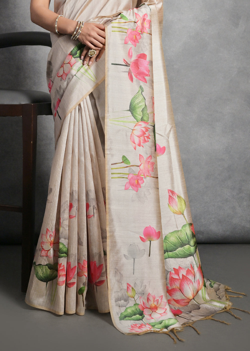 Cream White Floral Printed Soft Tussar Silk Saree : Top Pick - qivii