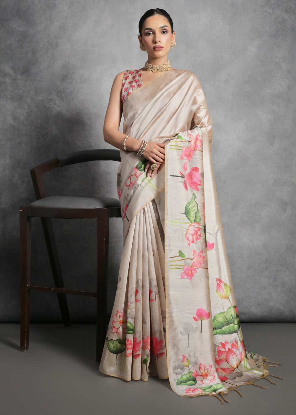 Cream White Floral Printed Soft Tussar Silk Saree : Top Pick - qivii