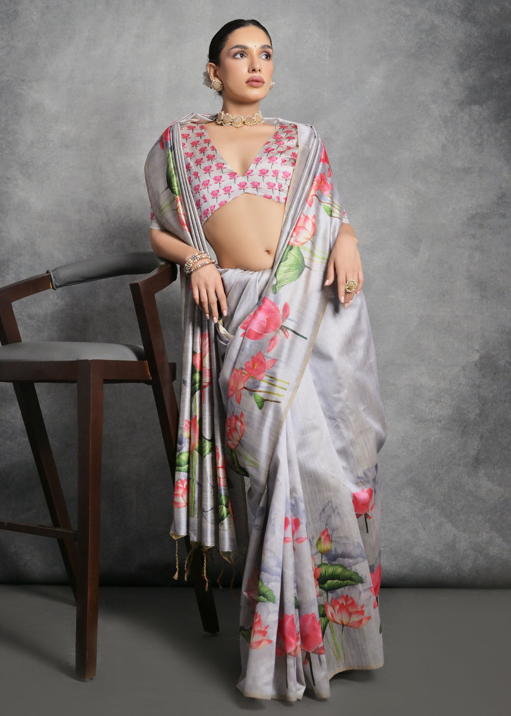Rhino Grey Floral Printed Soft Tussar Silk Saree - qivii