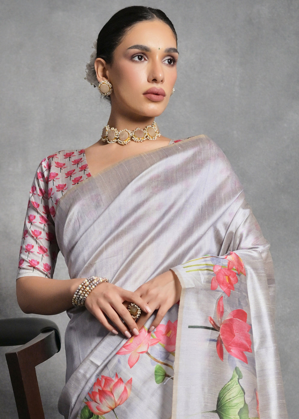 Rhino Grey Floral Printed Soft Tussar Silk Saree - qivii