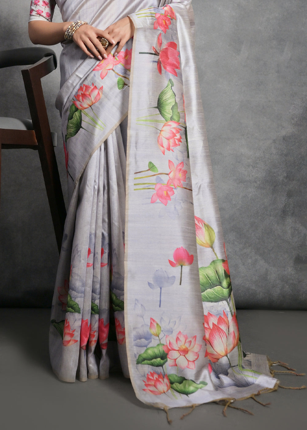 Rhino Grey Floral Printed Soft Tussar Silk Saree - qivii