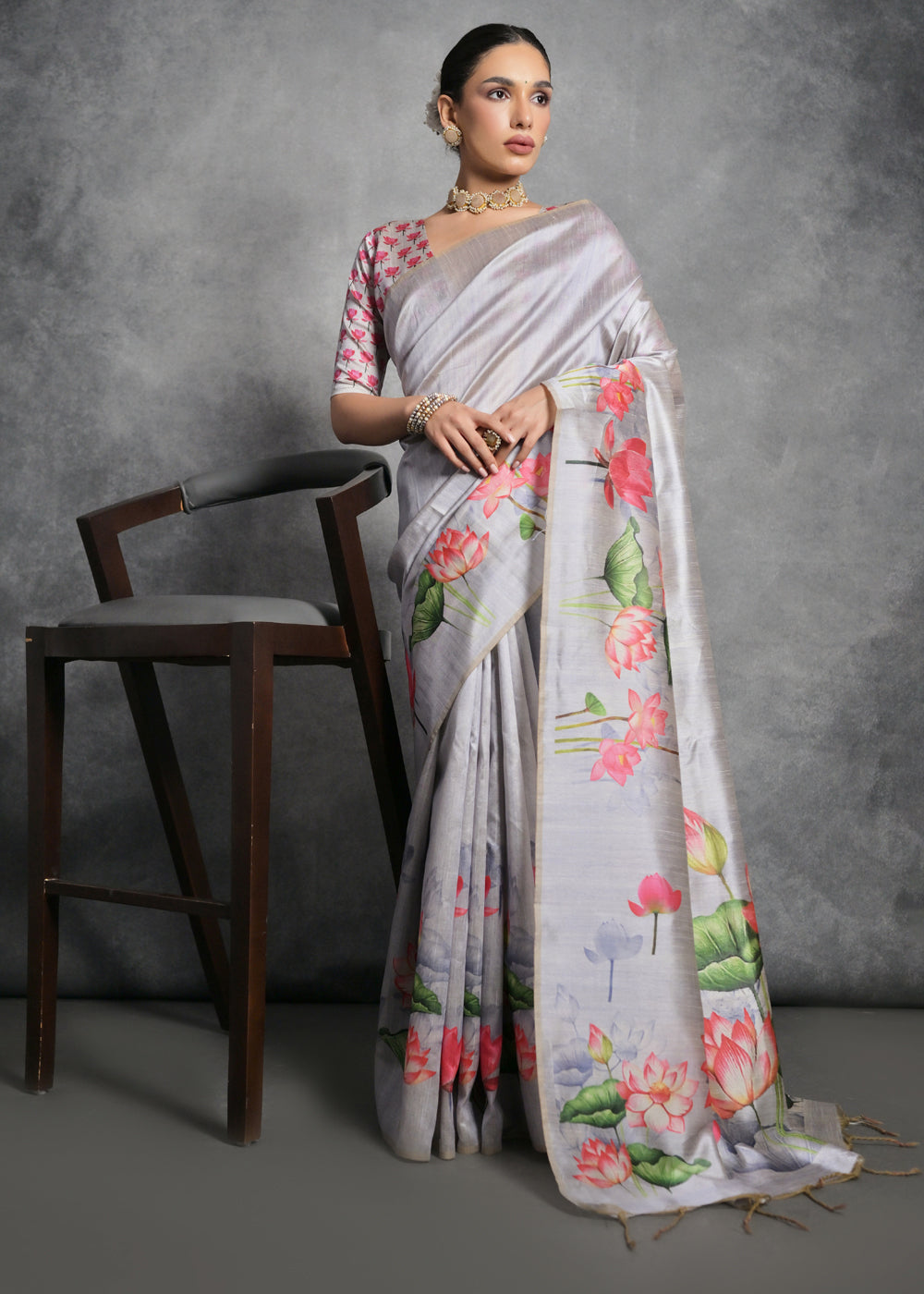 Rhino Grey Floral Printed Soft Tussar Silk Saree - qivii