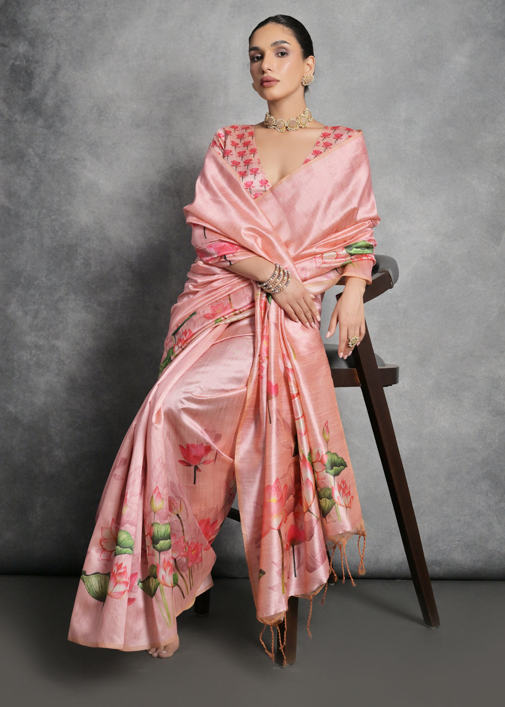 Carmine Pink Floral Printed Soft Tussar Silk Saree - qivii