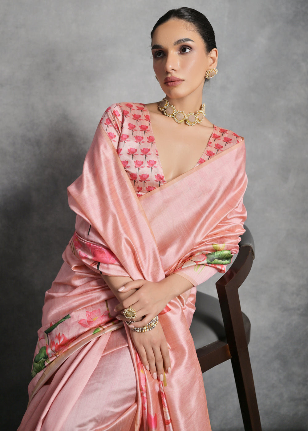 Carmine Pink Floral Printed Soft Tussar Silk Saree - qivii