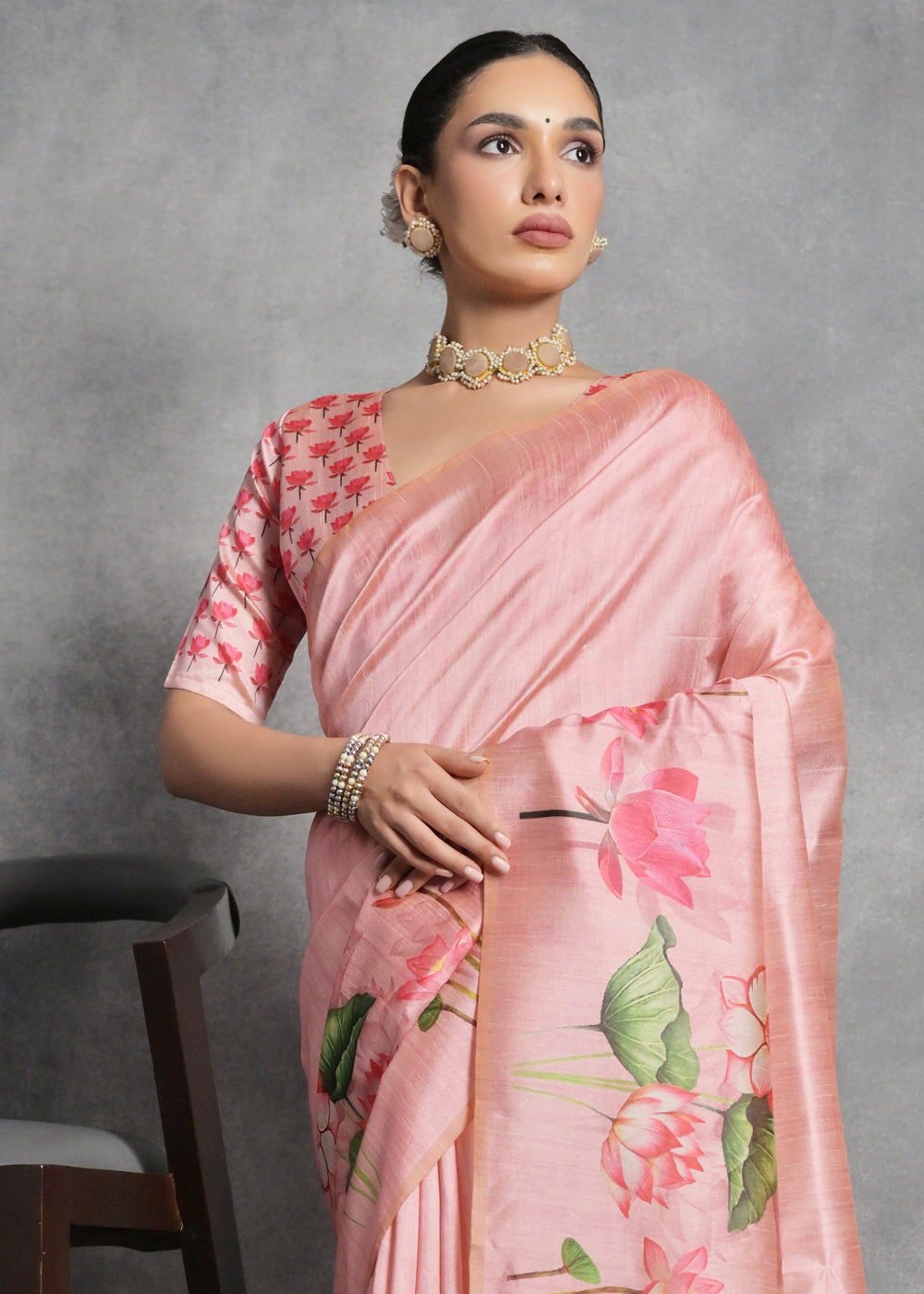 Carmine Pink Floral Printed Soft Tussar Silk Saree - qivii