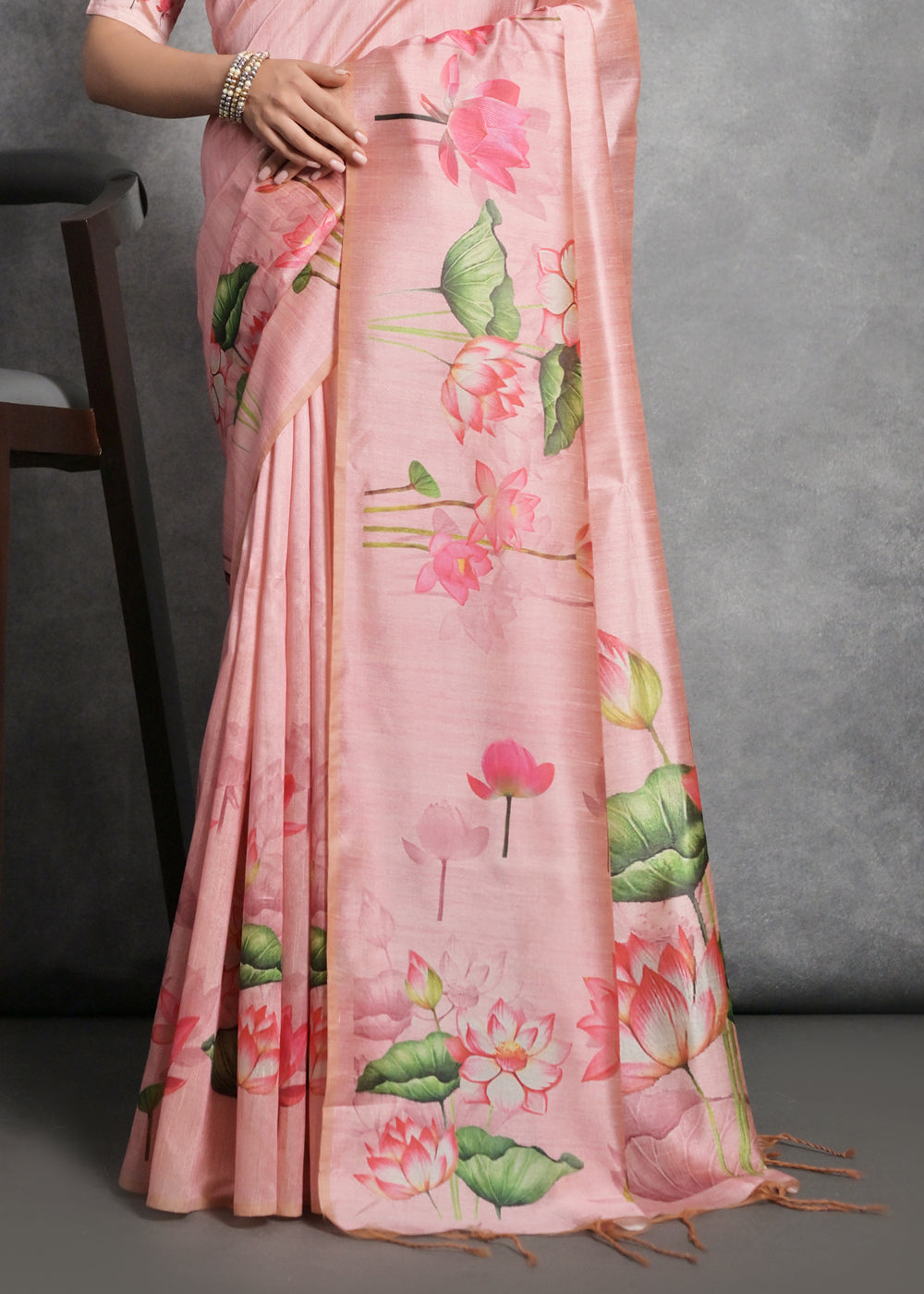 Carmine Pink Floral Printed Soft Tussar Silk Saree - qivii