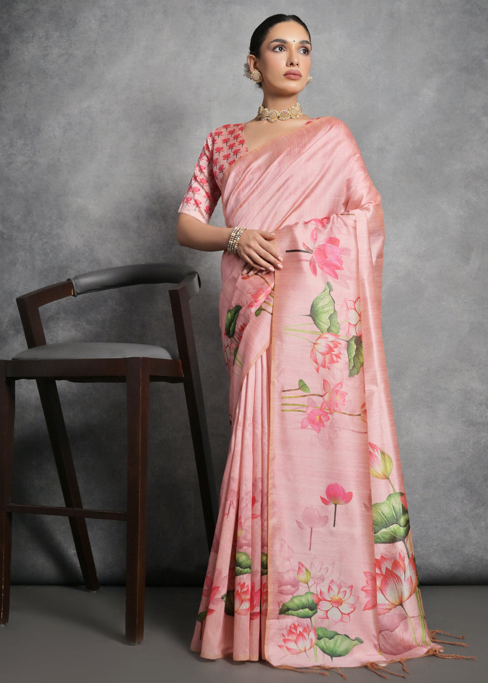 Carmine Pink Floral Printed Soft Tussar Silk Saree - qivii