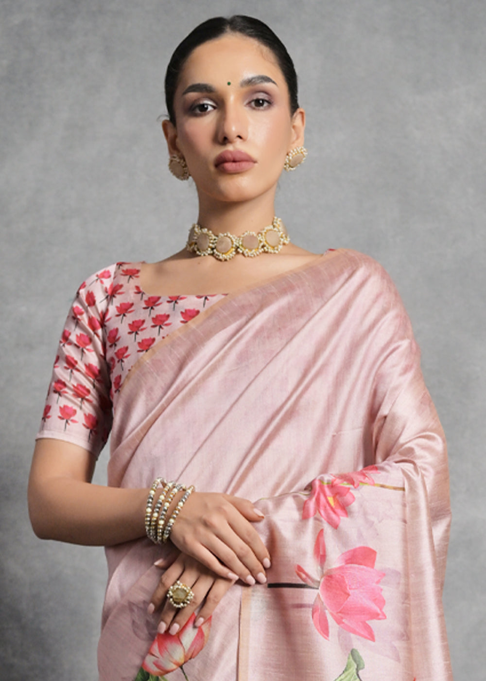 Shell Pink Floral Printed Soft Tussar Silk Saree - qivii