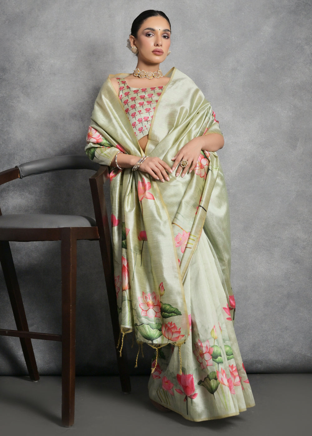 Pastel Green Floral Printed Soft Tussar Silk Saree - qivii