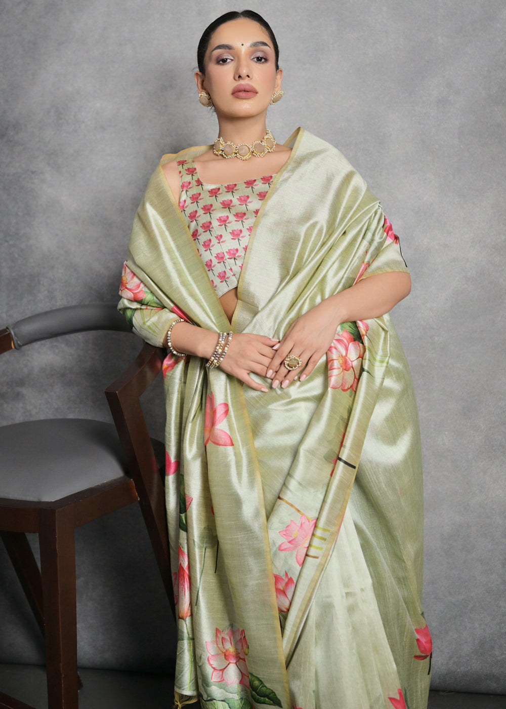 Pastel Green Floral Printed Soft Tussar Silk Saree - qivii