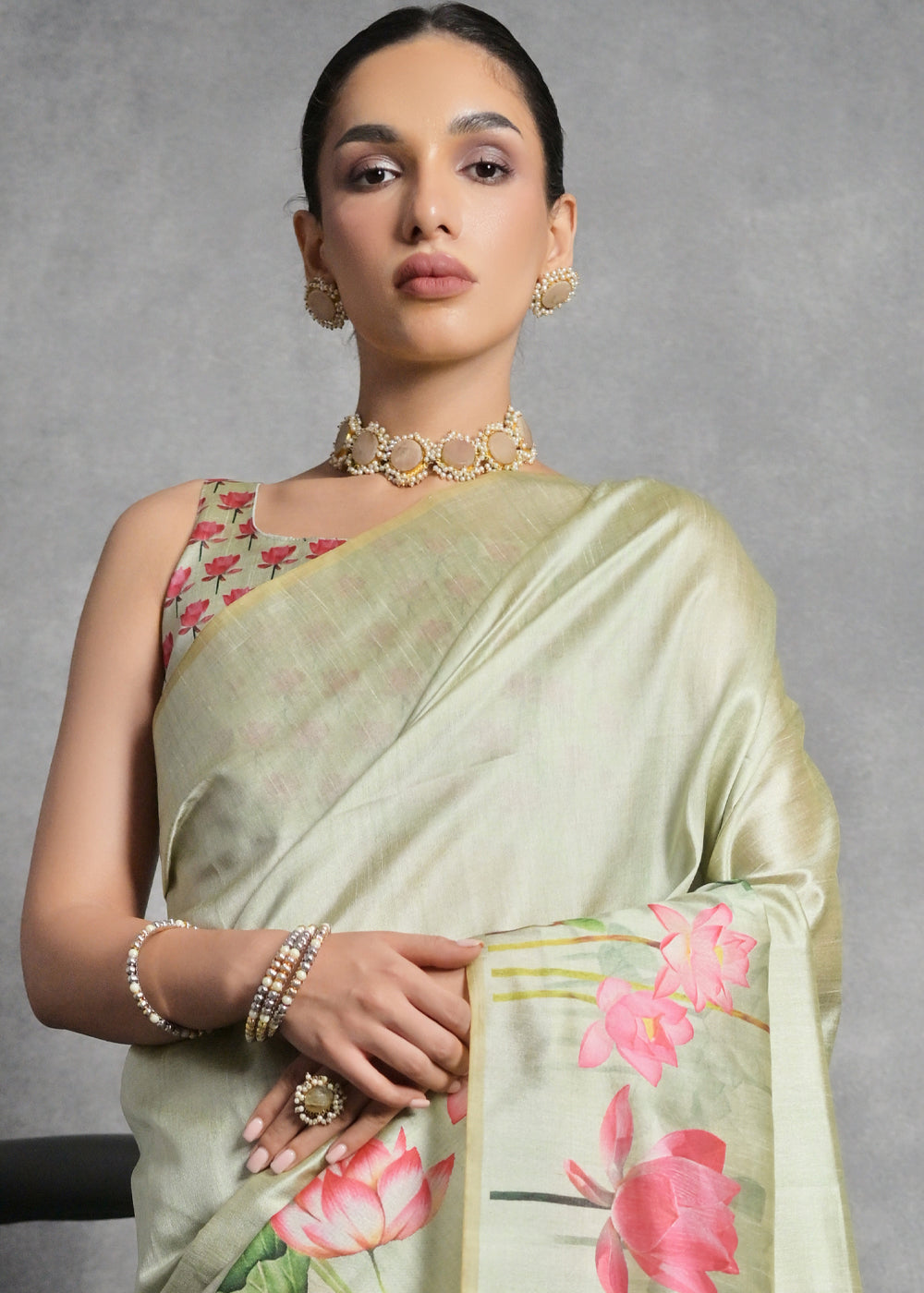 Pastel Green Floral Printed Soft Tussar Silk Saree - qivii