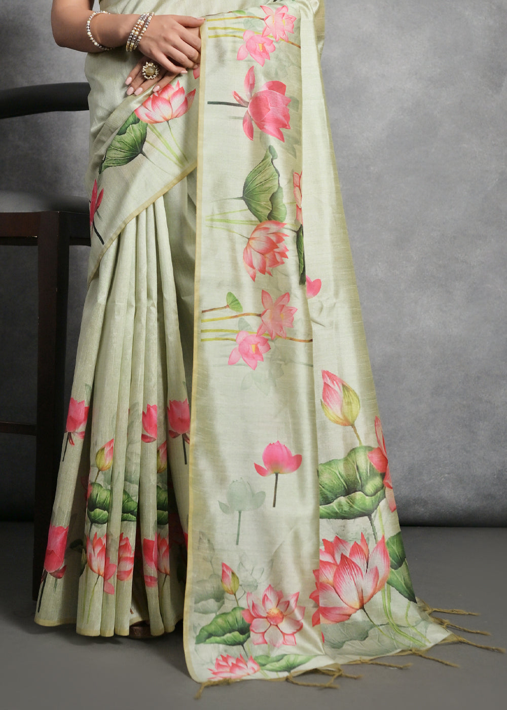 Pastel Green Floral Printed Soft Tussar Silk Saree - qivii