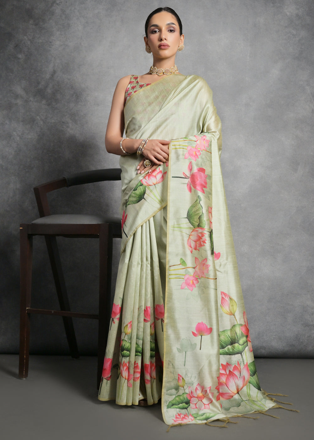 Pastel Green Floral Printed Soft Tussar Silk Saree - qivii