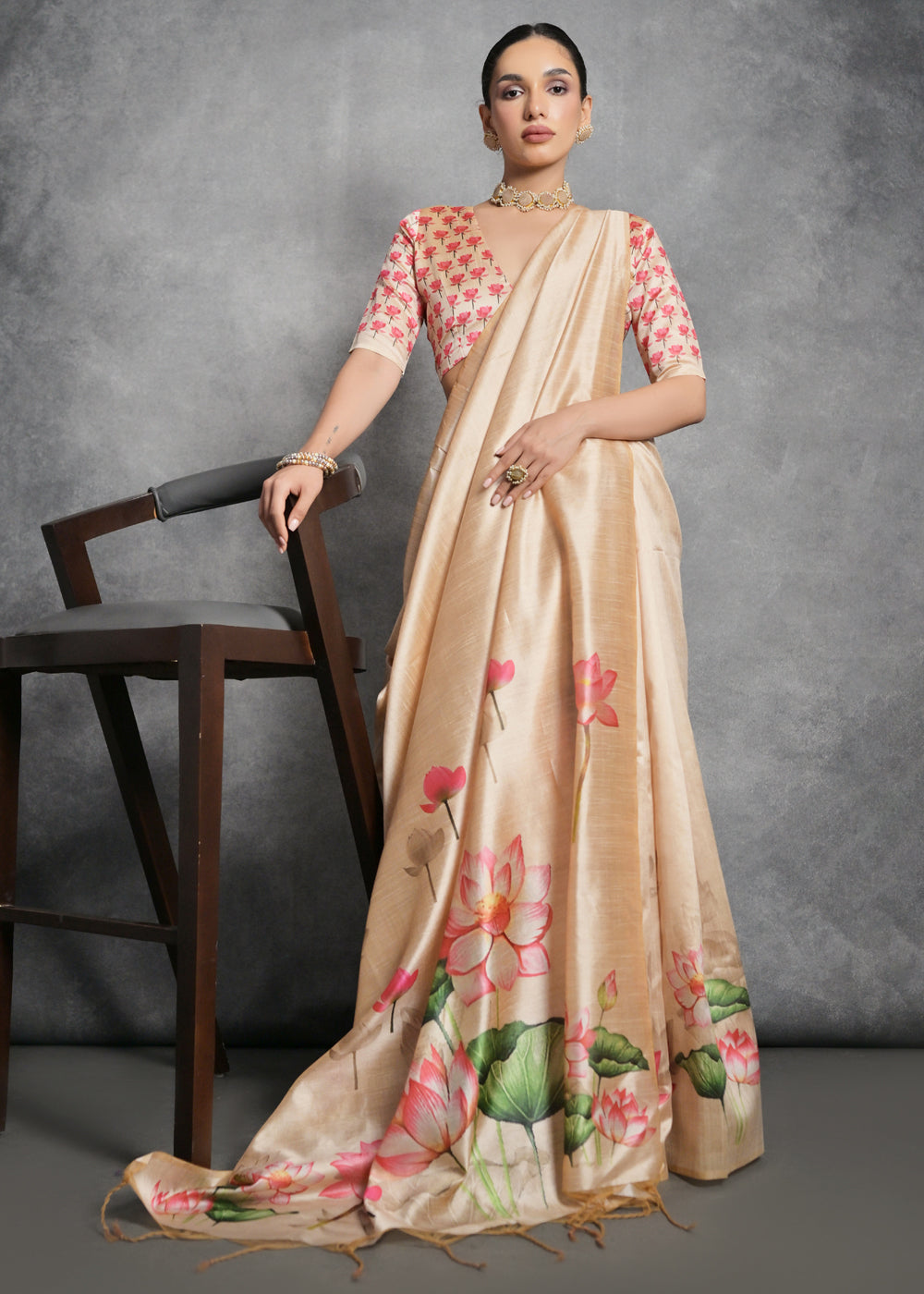 Shades Of Brown Floral Printed Soft Tussar Silk Saree - qivii