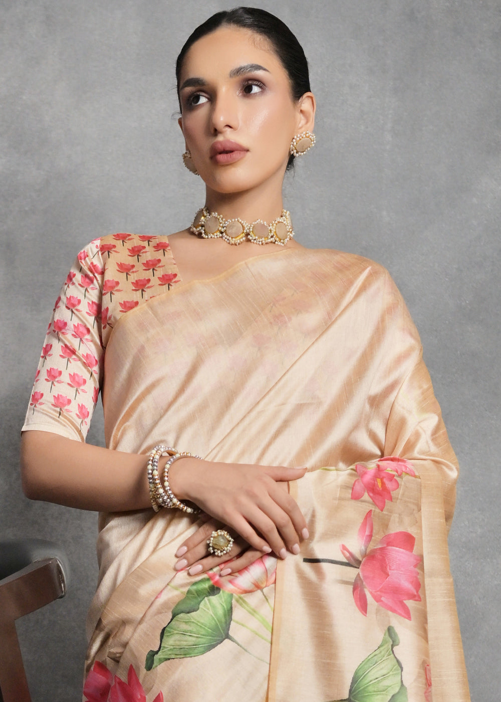 Shades Of Brown Floral Printed Soft Tussar Silk Saree - qivii