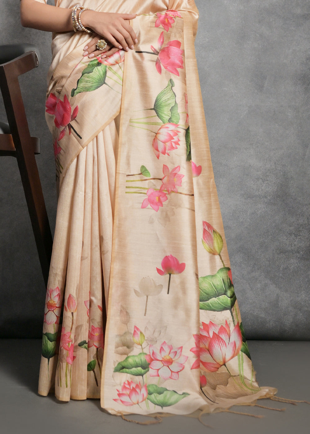 Shades Of Brown Floral Printed Soft Tussar Silk Saree - qivii