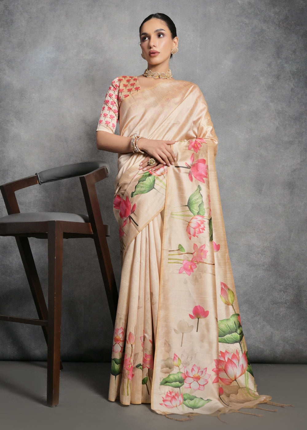 Shades Of Brown Floral Printed Soft Tussar Silk Saree - qivii