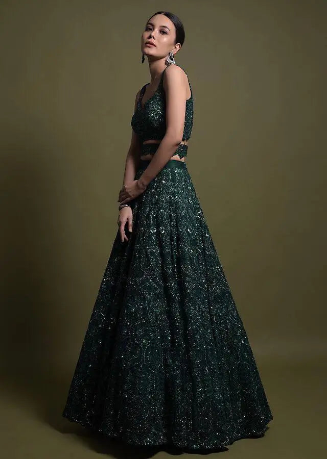 Green Net Thread, Sequence & Dori Work Lehenga Choli | Ready To Wear - qivii