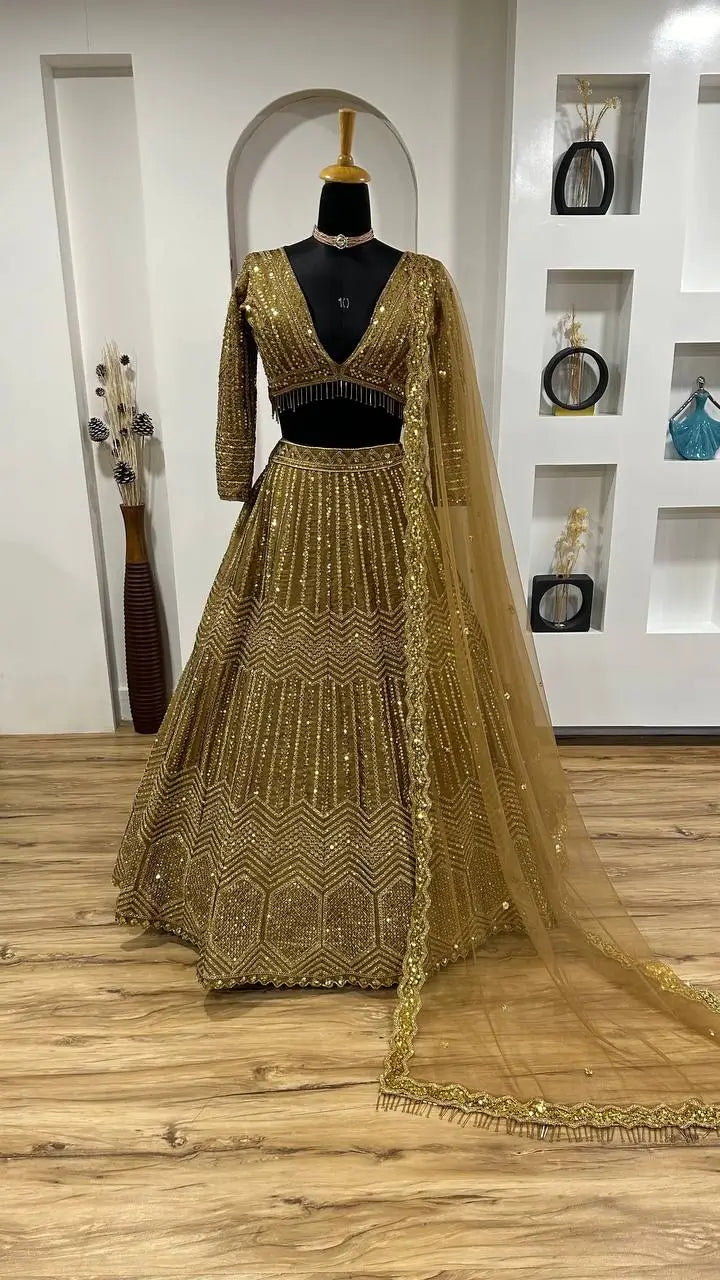 Golden Brown Kasturi Silk Dori & Sequence Work Lehenga Choli | Ready To Wear - qivii