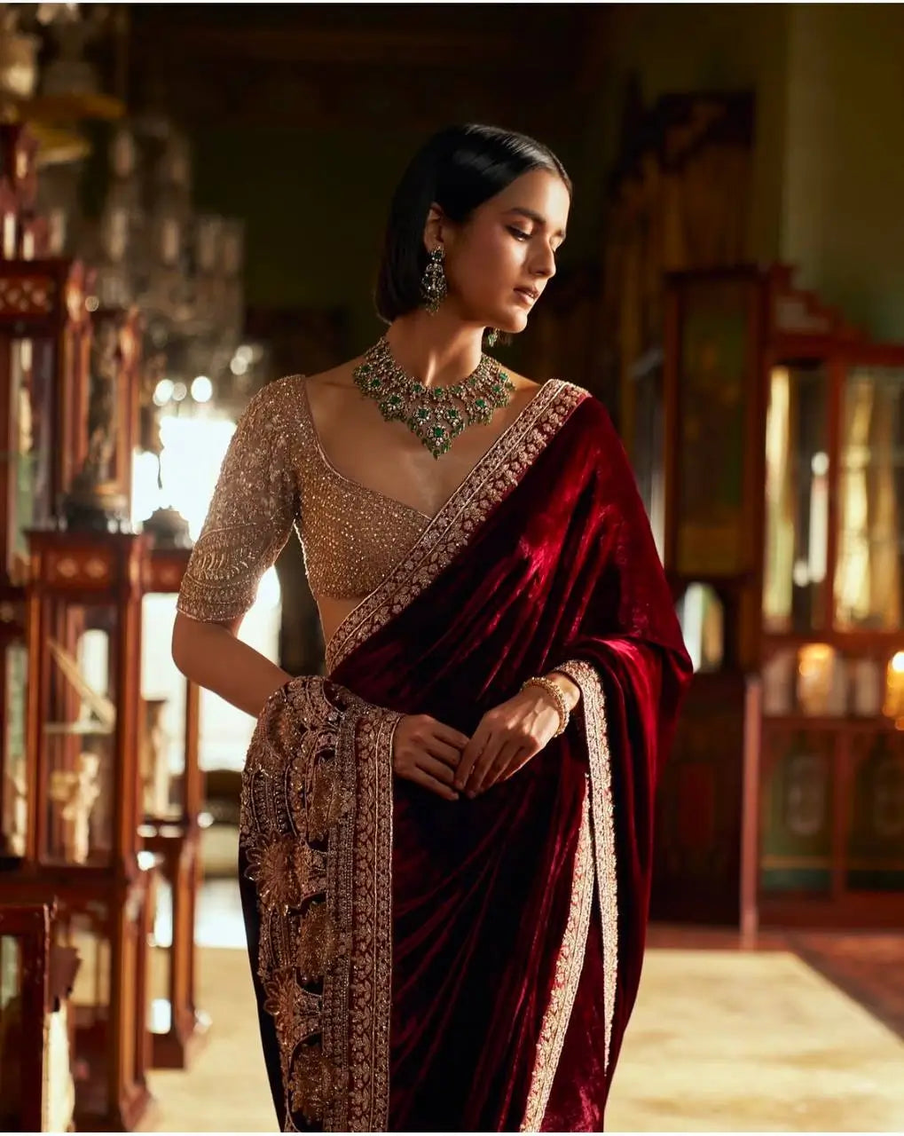 Maroon-Pink Velvet & Net Saree With Sequins, Thread & Dori Work - qivii