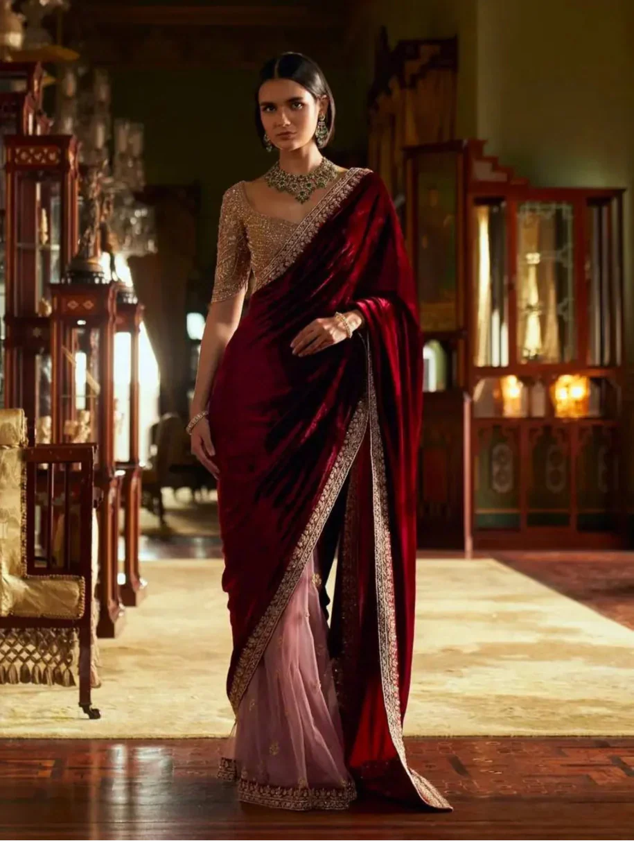 Maroon-Pink Velvet & Net Saree With Sequins, Thread & Dori Work - qivii