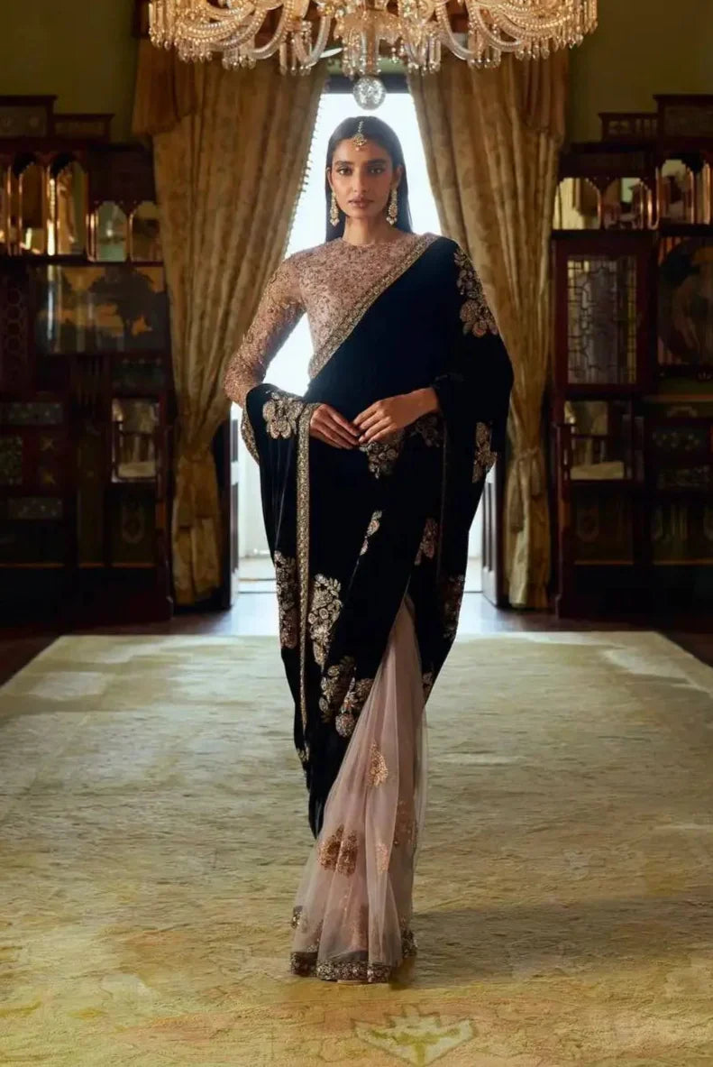 Black-Pink Velvet & Net Saree With Sequins, Thread & Dori Work - qivii