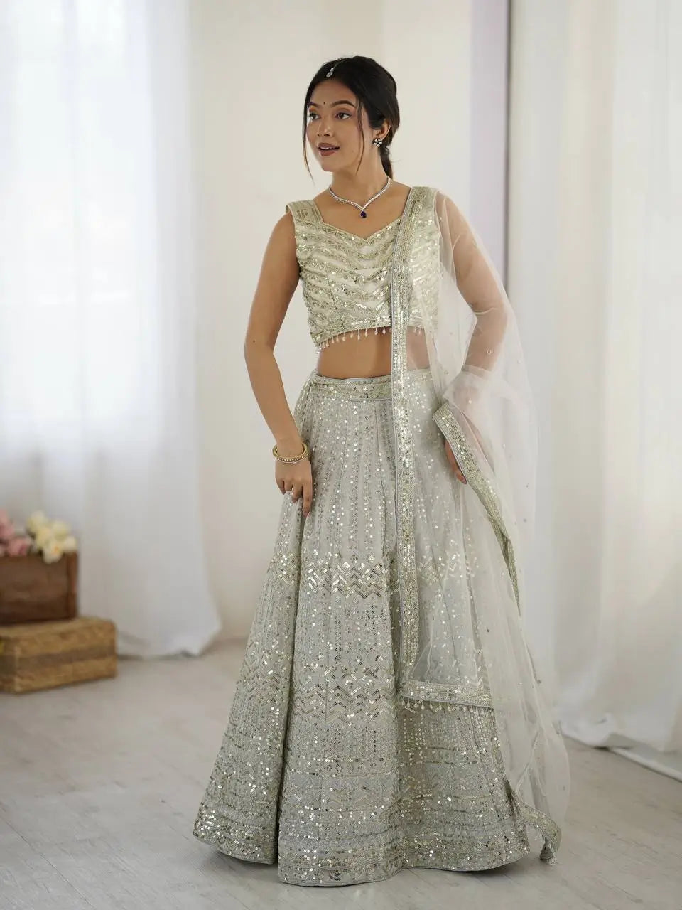 Off White Georgette Lehenga Choli With Sequins & Dori Work - qivii