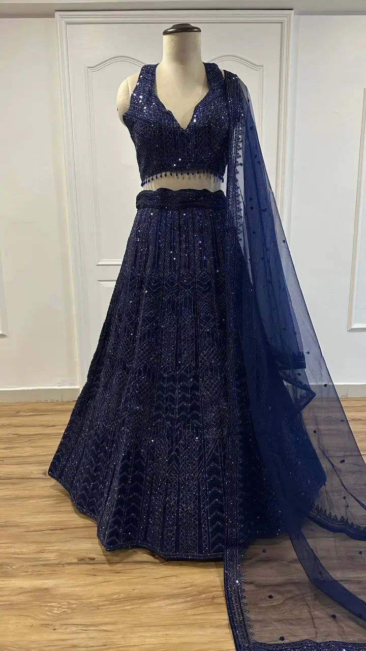 Navy Blue Net Lehenga Choli With Sequins & Dori Work - qivii