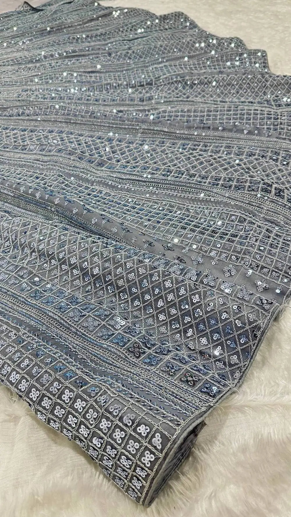 Glittery Grey Shimmer Silk Lehenga Choli With Sequins & Dori Work - qivii