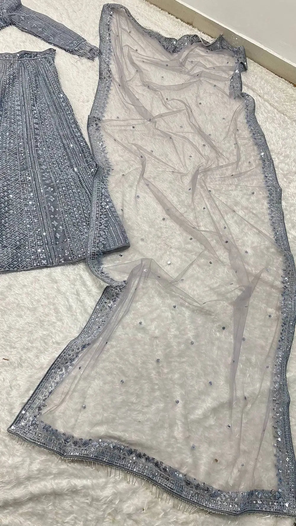 Glittery Grey Shimmer Silk Lehenga Choli With Sequins & Dori Work - qivii