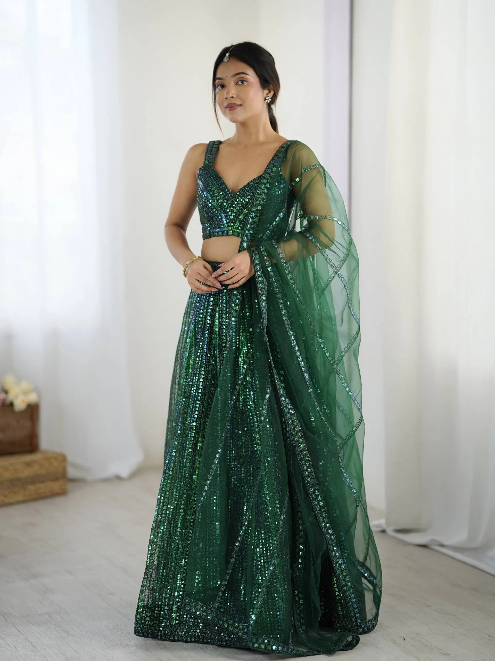 Sparkly Green Net Lehenga Choli With Sequins & Dori Work - qivii