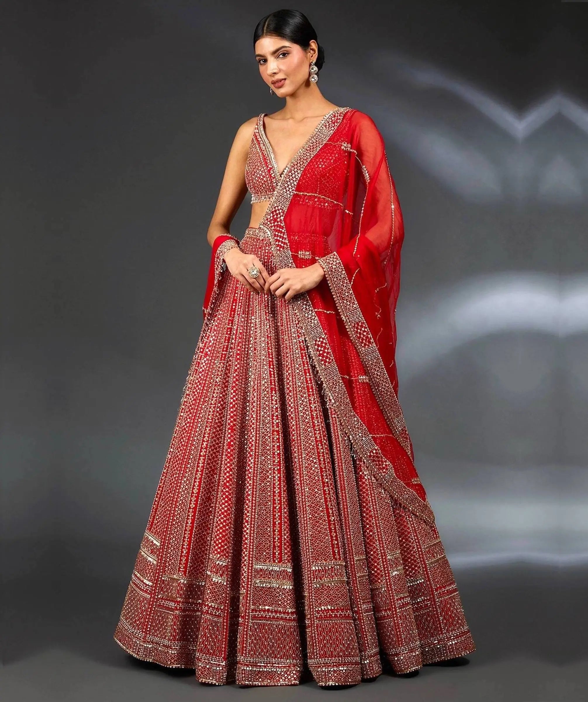Crimson Red Satin Silk Embroidery Lehenga Choli