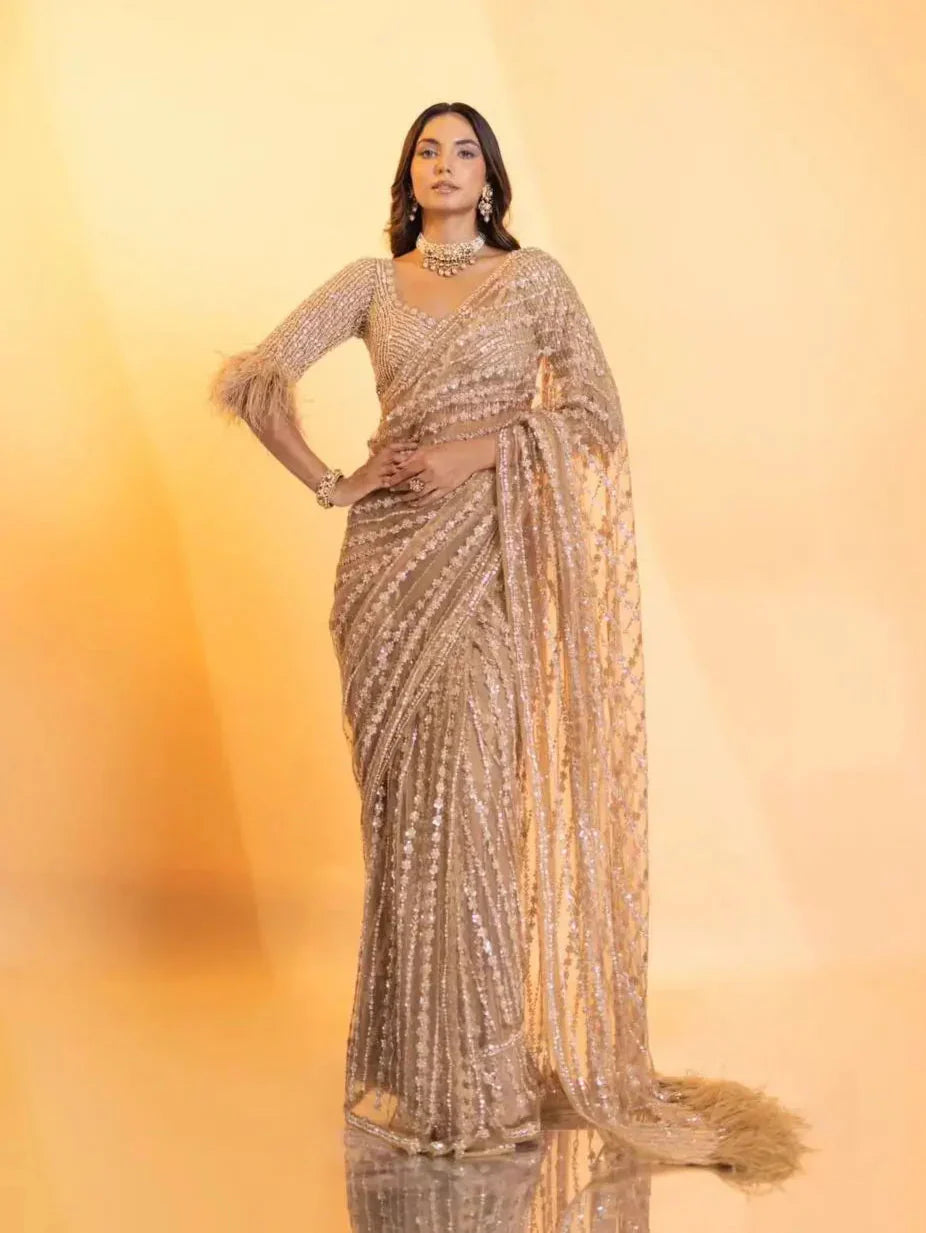 Beige Net Saree With Sequence & Thread Work - qivii