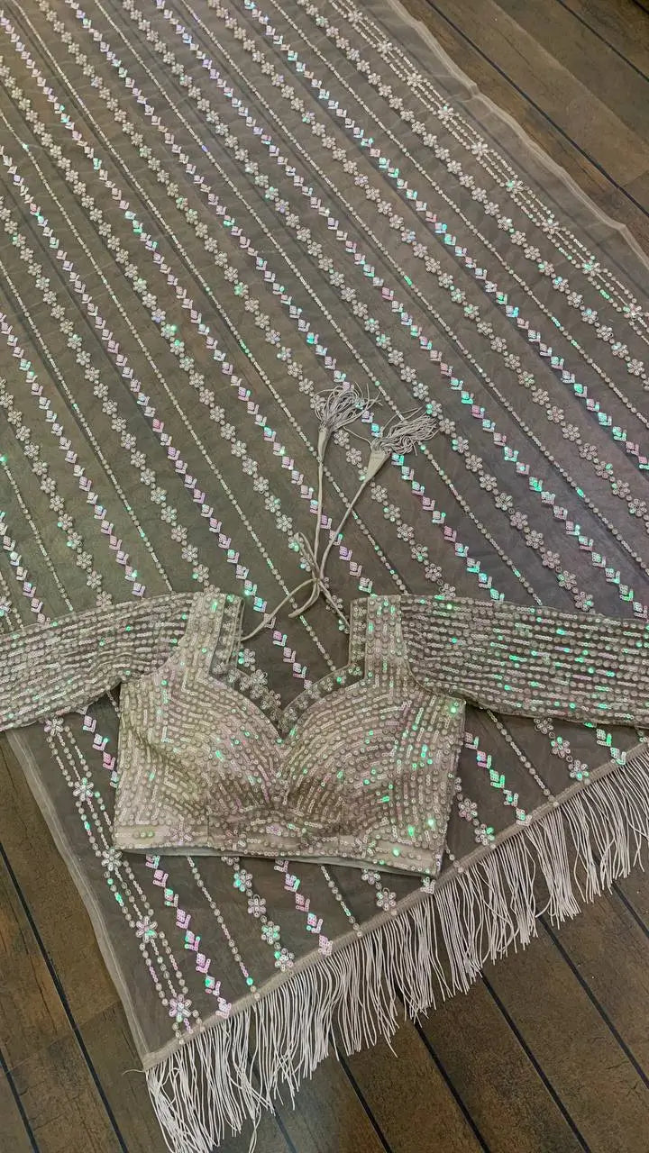 Beige Net Saree With Sequence & Thread Work - qivii