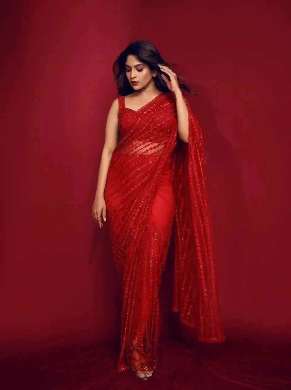 Red Net Saree With Sequins & Thread Work - qivii