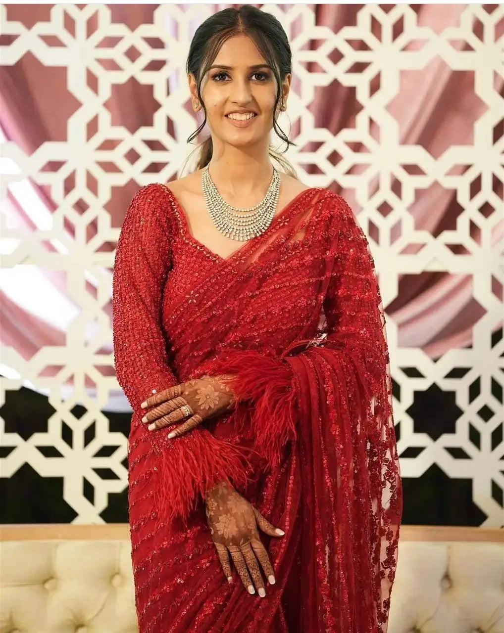 Red Net Saree With Sequins & Thread Work - qivii