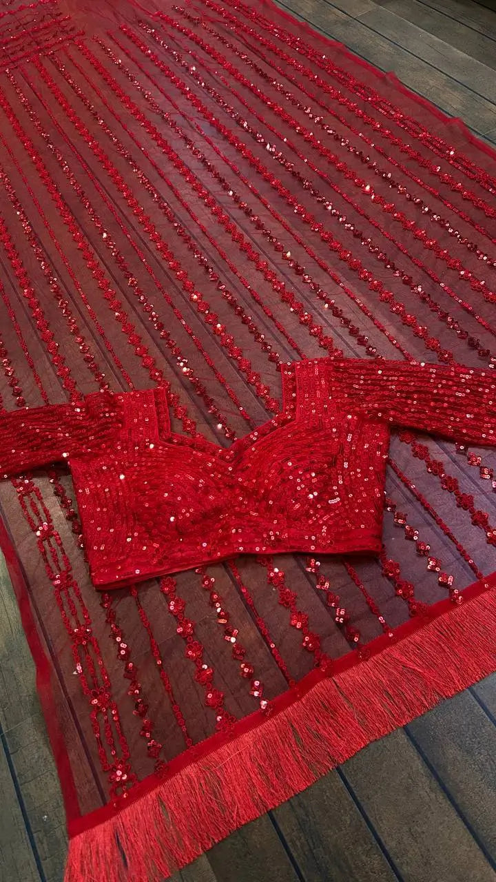 Red Net Saree With Sequins & Thread Work - qivii