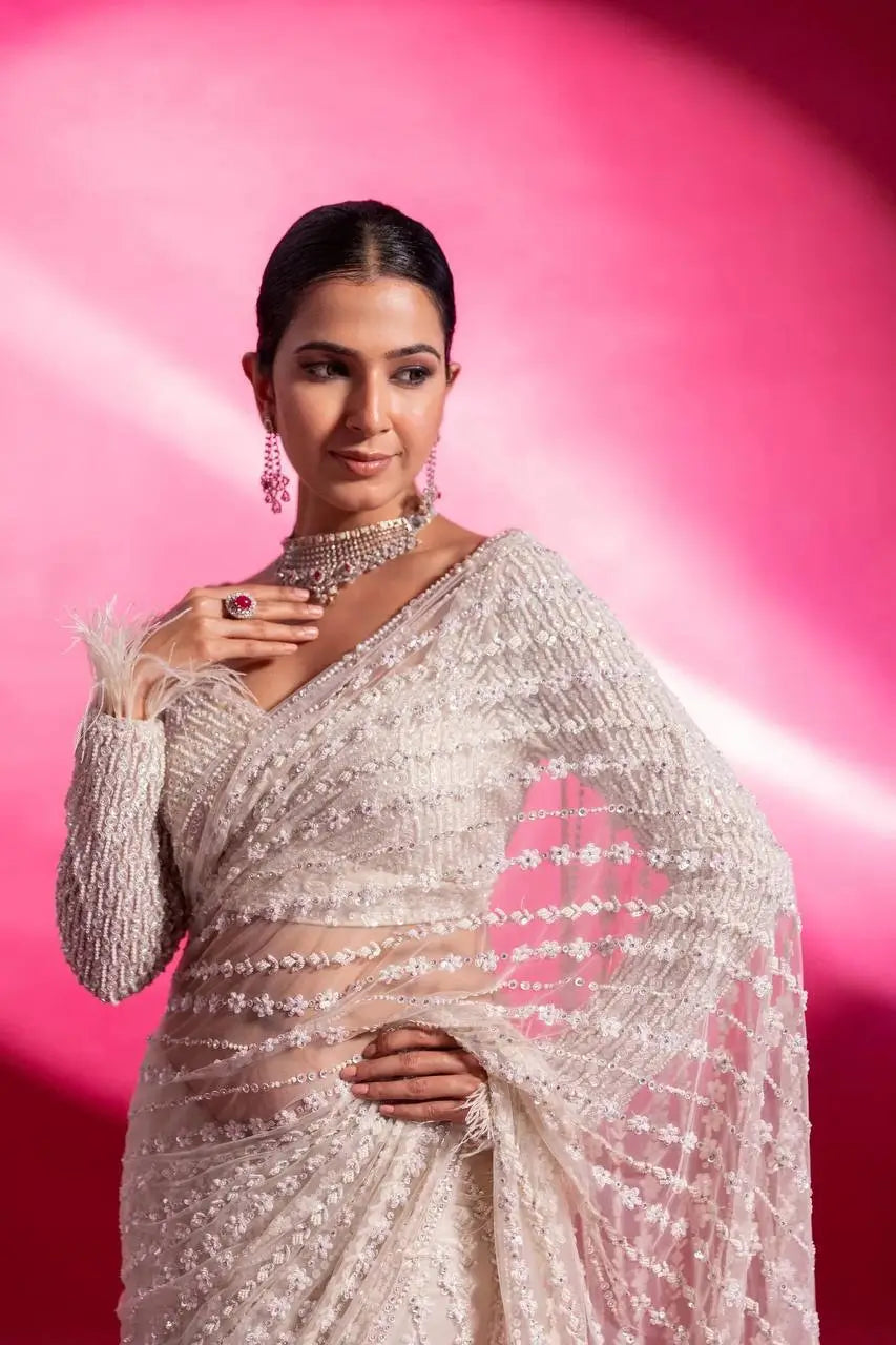 White Net Saree With Sequins & Thread Work - qivii