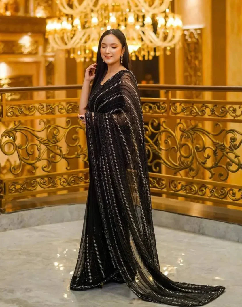 Black Georgette Saree With Sequins & Zari Work - qivii