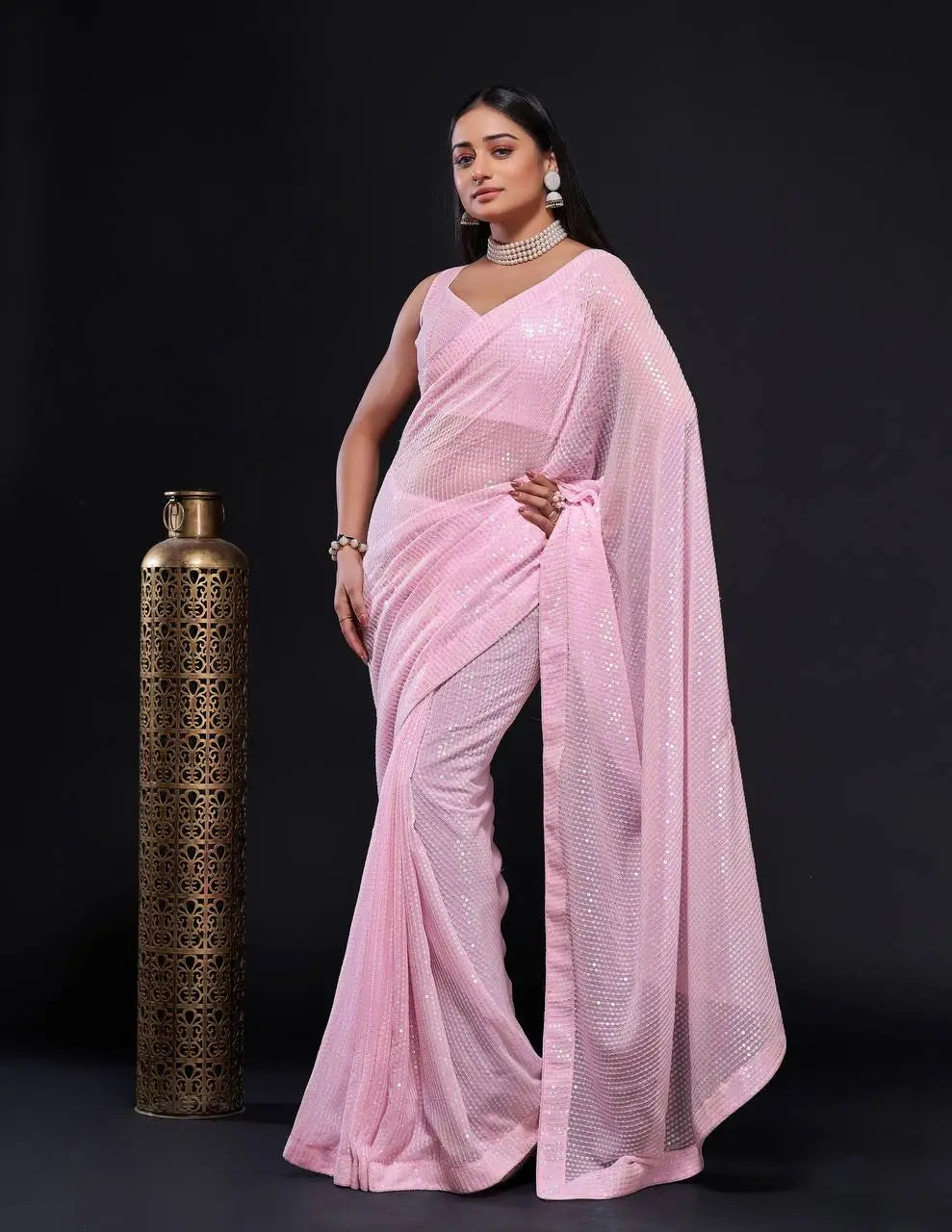 Light Pink Georgette saree With Rainbow Sequins Embroidery Work - qivii