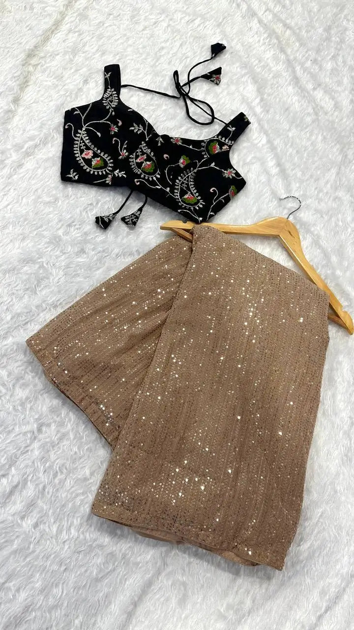 Beige Georgette Saree With Sequins Embroidery Work - qivii