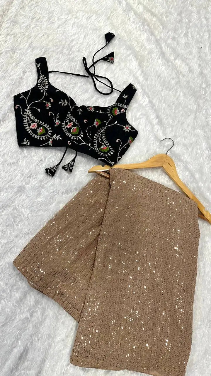 Beige Georgette Saree With Sequins Embroidery Work - qivii