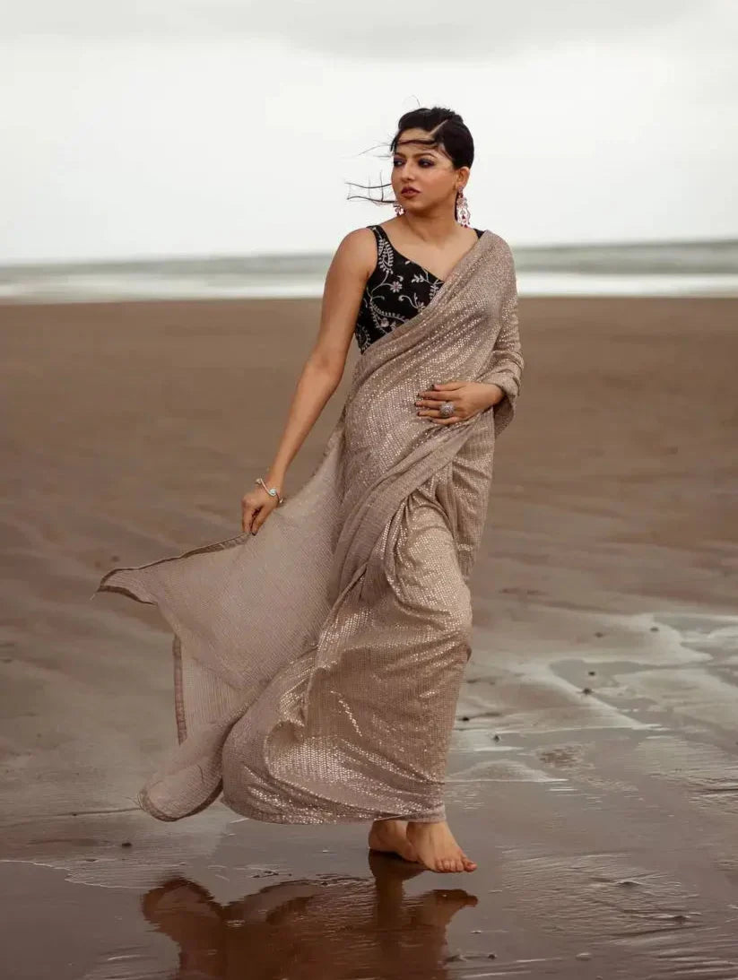 Beige Georgette Saree With Sequins Embroidery Work - qivii