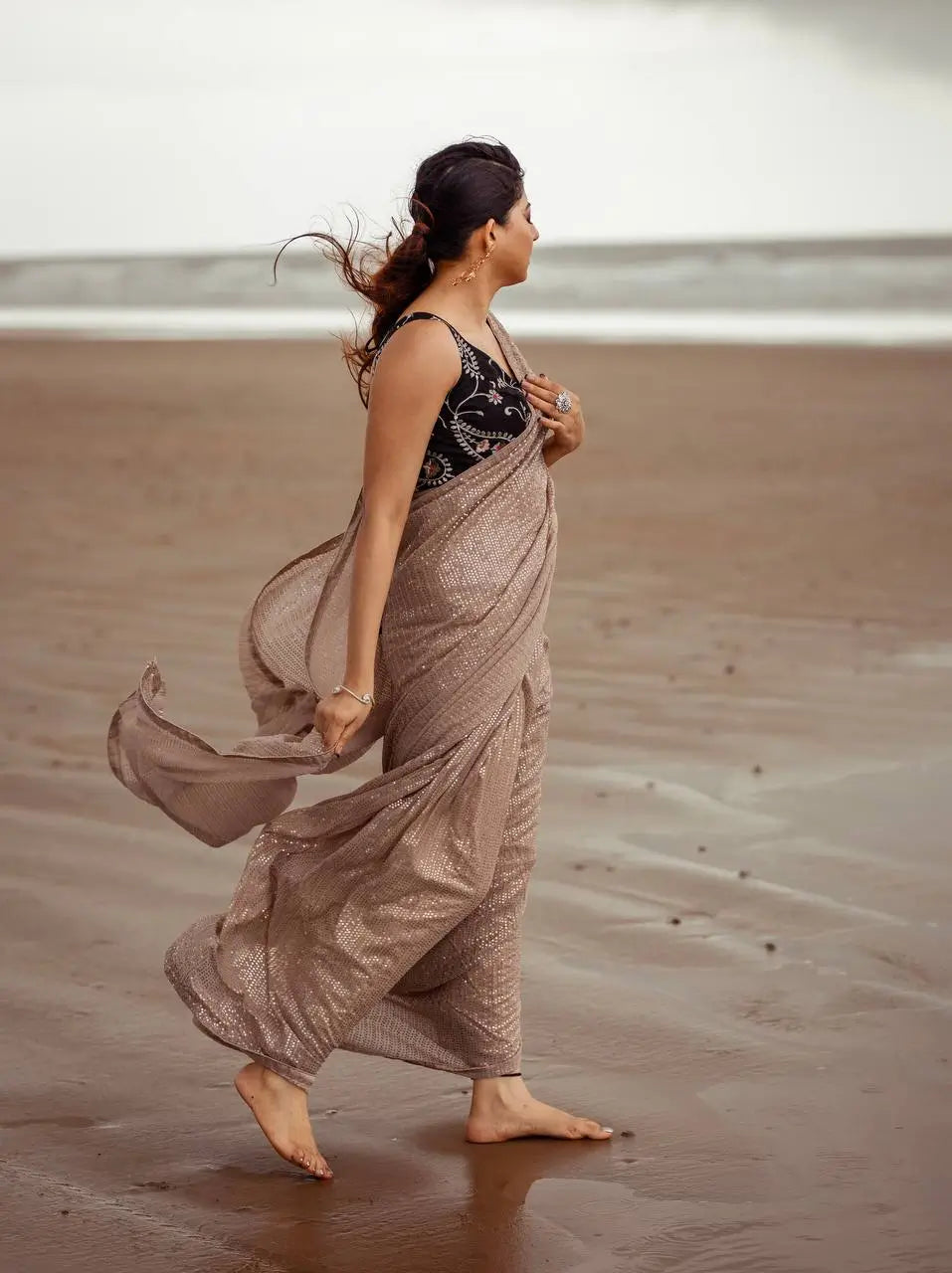 Beige Georgette Saree With Sequins Embroidery Work - qivii