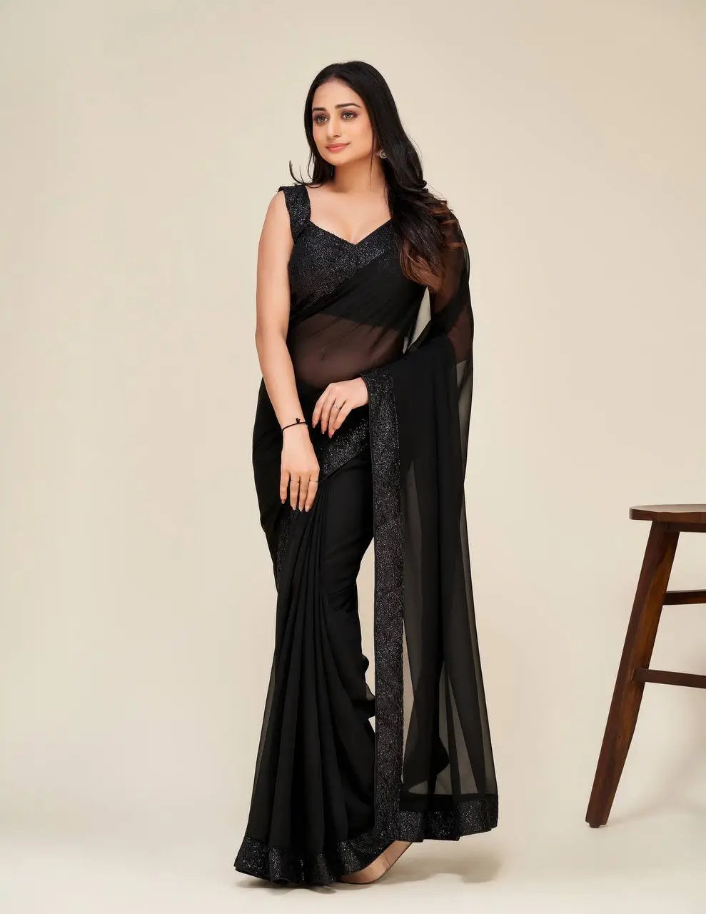 Hot Black Georgette Saree With sequins Embroidery Border Work - qivii