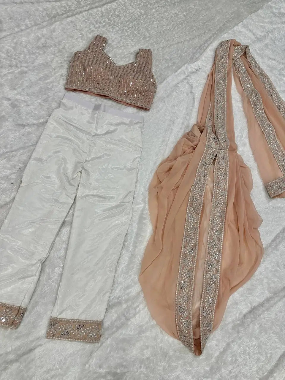 Peach-White Georgette Ready To Wear Pant Saree With Sequins & Resham Thread Work - qivii