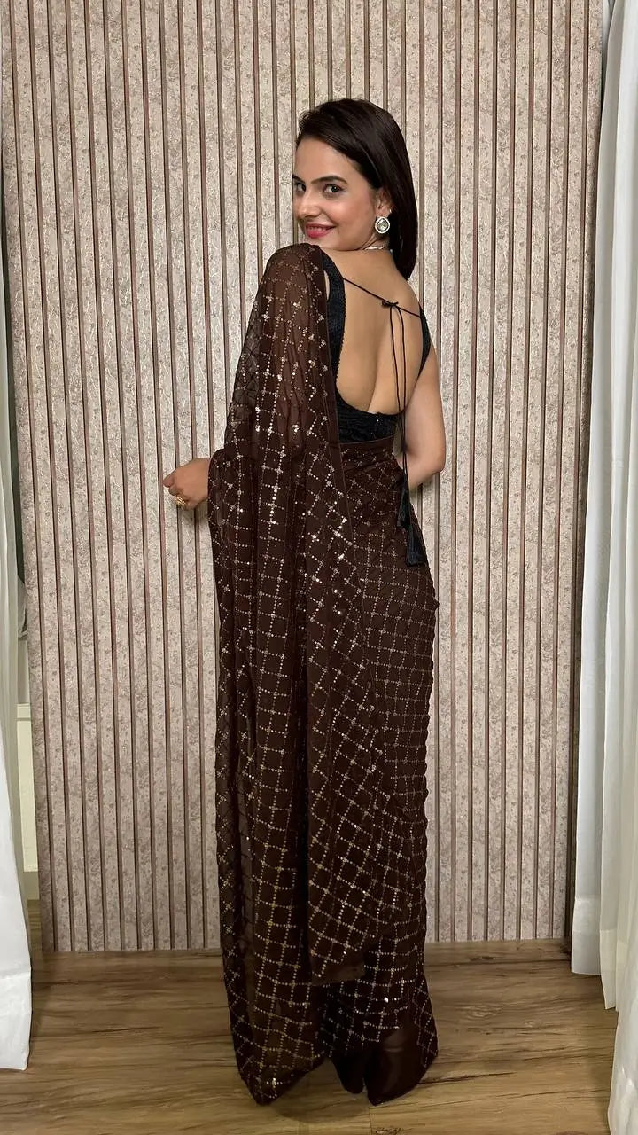 Dark Brown Georgette Saree With Sequins Embroidery Work - qivii