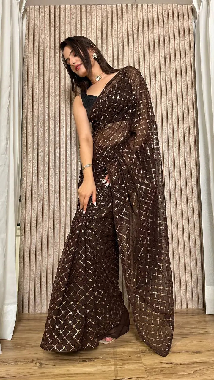 Dark Brown Georgette Saree With Sequins Embroidery Work - qivii